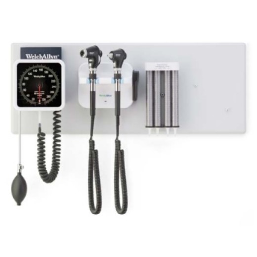 Picture of Welch Allyn 77716 Diagnostic Wall System - PanOptic Plus LED Ophthalmoscope; MacroView Plus LED Otoscope; IExaminer; And 767 Aneroid Sphygmomanometer