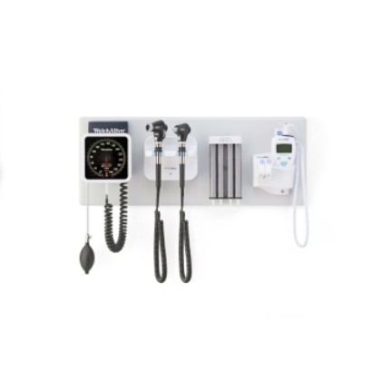 Picture of Welch Allyn 77716 Diagnostic Wall System - PanOptic Basic LED Ophthalmoscope; MacroView Basic LED Otoscope; Ear Specula Dispenser; 767 Aneroid Sphygmomanometer And SureTemp Thermometer