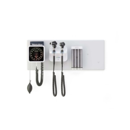 Picture of Welch Allyn 77716 Diagnostic Wall System - PanOptic Basic LED Ophthalmoscope; MacroView Basic LED Otoscop; Ear Specula Dispenser And 767 Aneroid Sphygmomanometer