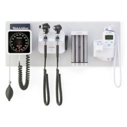Picture of Welch Allyn 77716 Diagnostic Wall System - PanOptic Plus LED Ophthalmoscope; MacroView Plus LED Otoscope; IExaminer; 767 Aneroid Sphygmomanometer And SureTemp Thermometer