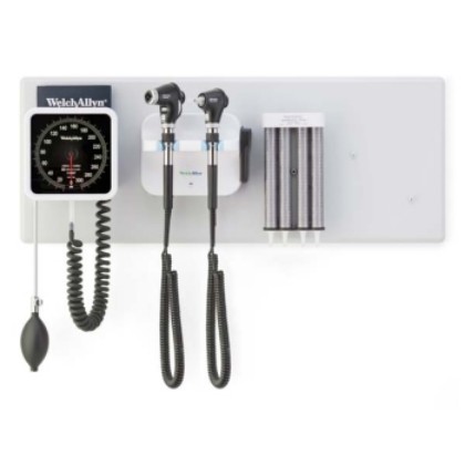 Picture of Welch Allyn 77716 Diagnostic Wall System - PanOptic Plus LED Ophthalmoscope; MacroView Plus LED Otoscope; IExaminer; And 767 Aneroid Sphygmomanometer