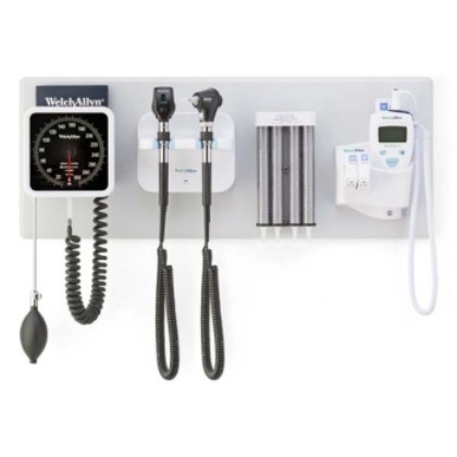 Picture of Welch Allyn 77716 Diagnostic Wall System - LED Coaxial Ophthalmoscope; MacroView Basic LED Otoscope; Ear Specula Dispenser; 767 Aneroid Sphygmomanometer And SureTemp Thermometer