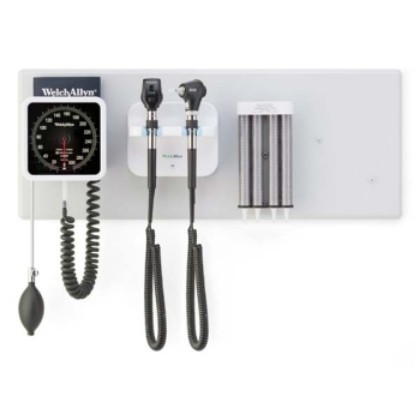 Picture of Welch Allyn 77716 Diagnostic Wall System - LED Coaxial Ophthalmoscope; MacroView Basic LED Otoscope; Ear Specula Dispenser And 767 Aneroid Sphygmomanometer